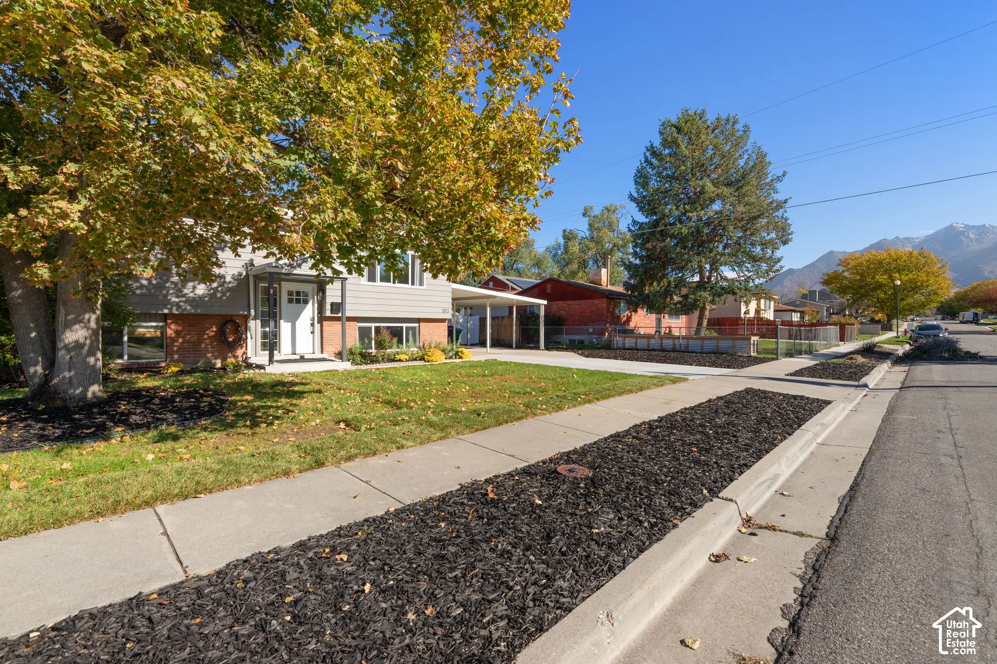 Split-level residence featuring brick and horizontal siding exterior, covered carport, manicured lawn, mature trees, and mountain backdrop