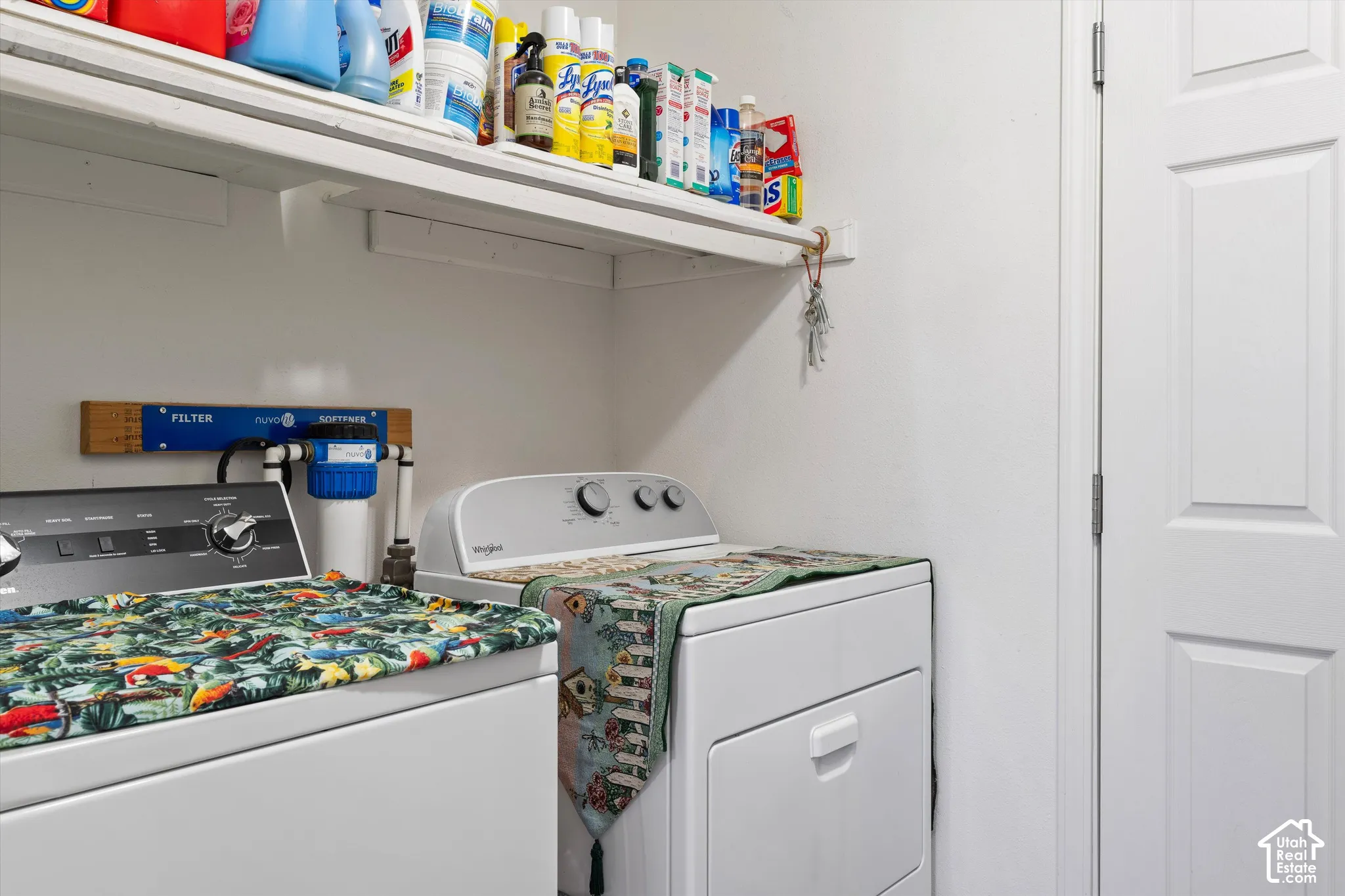 Laundry area featuring white cabinetry shelving, a plumbed water softener system, and a solid-core interior door