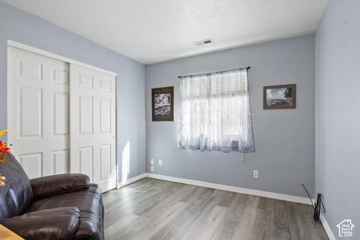 Room featuring wood-finish flooring, light grey walls, and a sliding-door closet