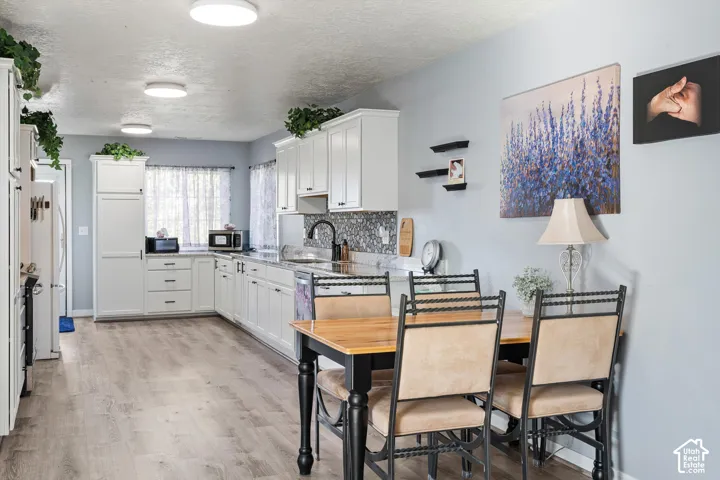 Kitchen featuring white cabinetry, wood-finish flooring, decorative tile backsplash, and flush-mount ceiling lighting