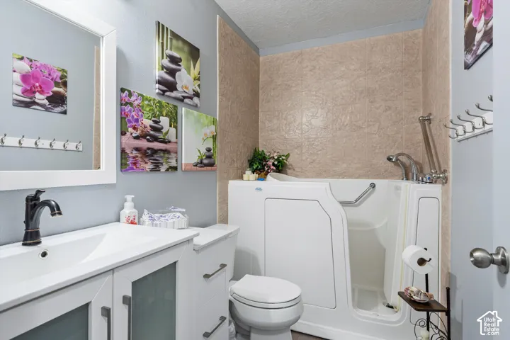 Bathroom featuring a white vanity with frosted glass cabinet inserts, a rectangular basin with a dark metal faucet, a step-in soaking tub with a door, and textured surround wall cladding