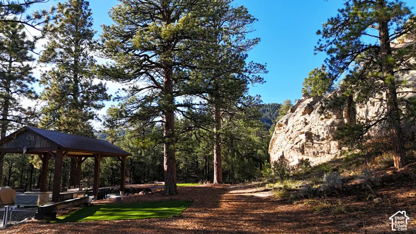 Outdoor pavilion featuring a timber-frame construction and a metal roof, situated on a lot with mature pine trees and a prominent natural rock formation