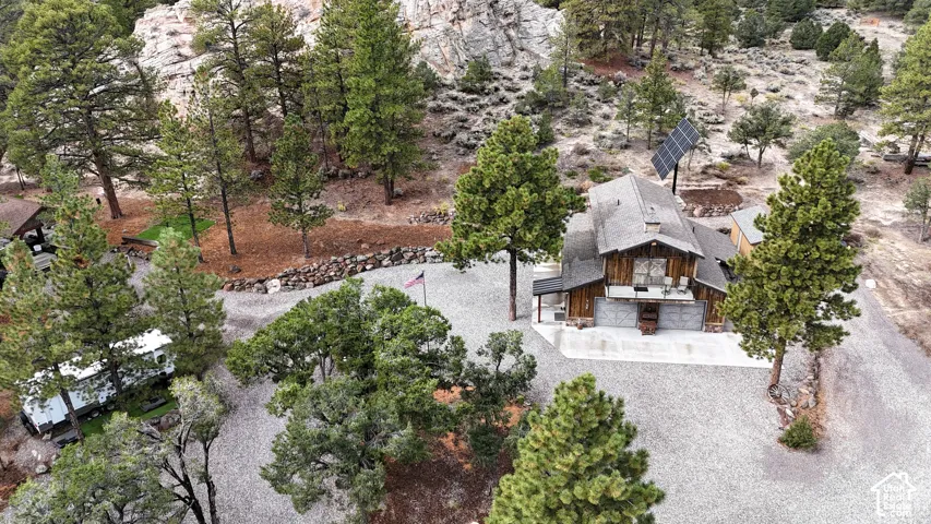 Wood-sided structure featuring an integrated solar panel system, a concrete driveway, a stone-retaining wall, and a large lot with mature coniferous trees