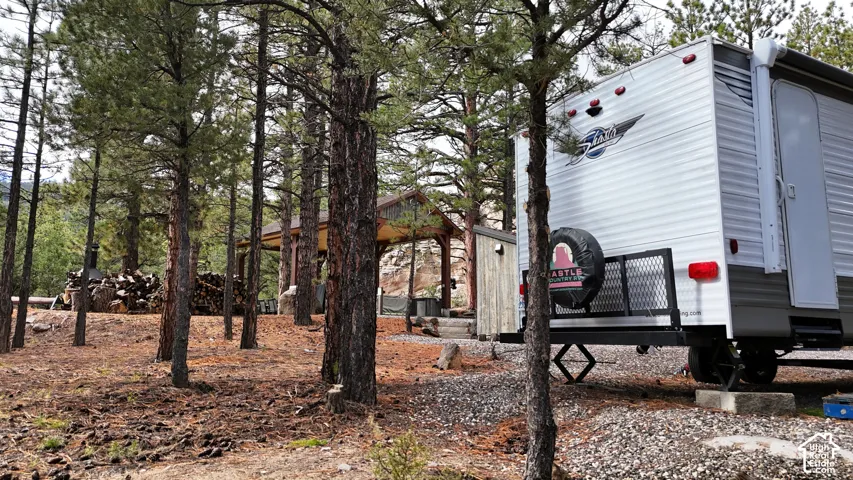 Outdoor grounds featuring mature pine trees, a covered pavilion with timber-frame construction, and a dedicated gravel surface area