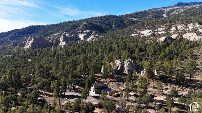 Expansive property set against a mountainous backdrop with evergreen forests and rock formations