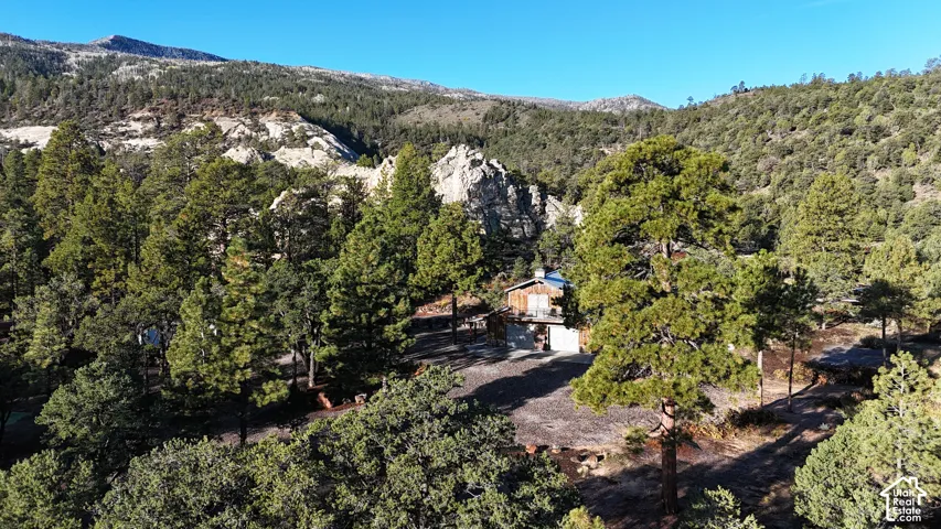 Two-story residence with wood siding and a dual-garage configuration, positioned amidst a dense forest of mature evergreen trees and prominent rocky mountainous terrain