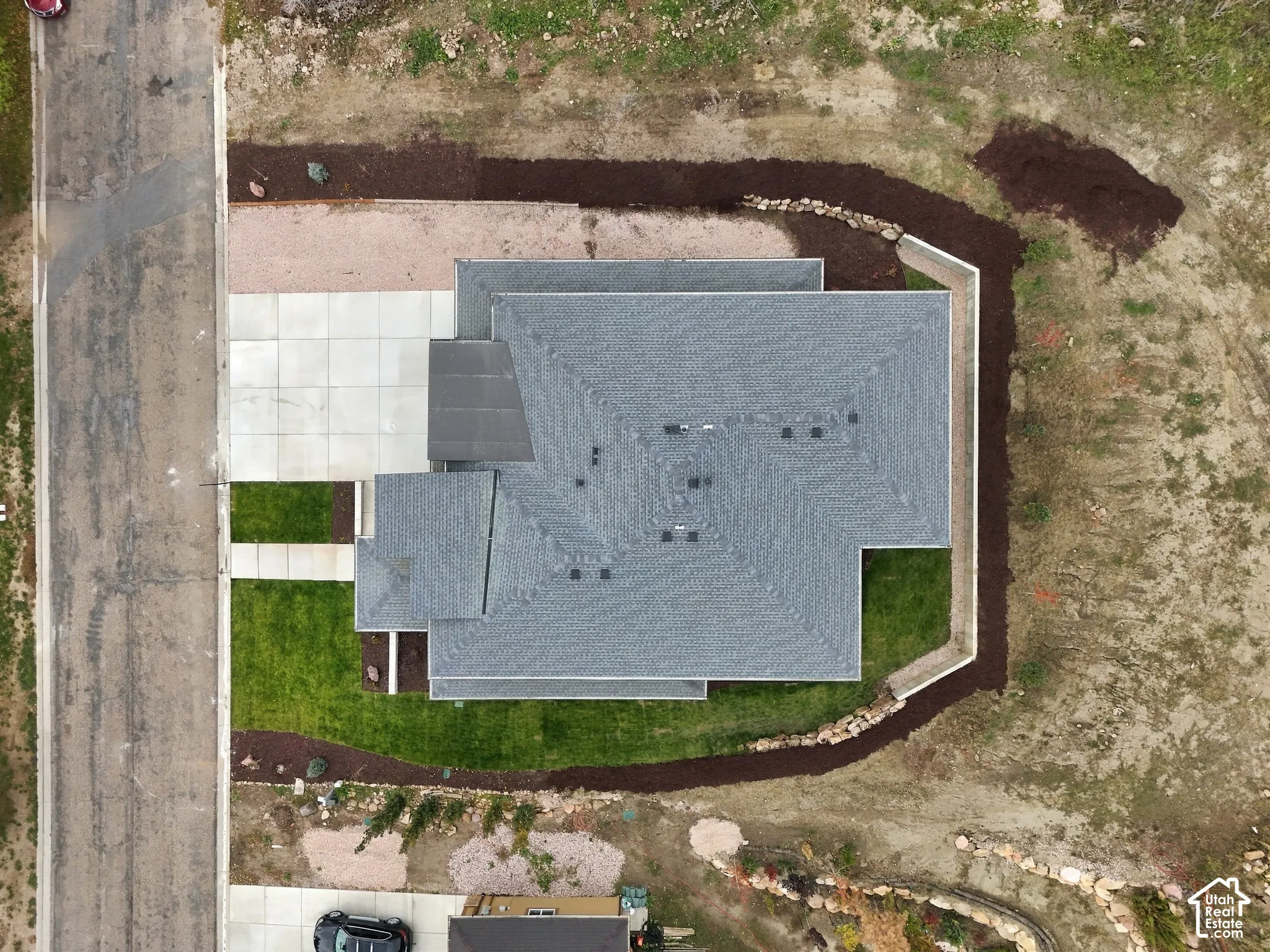 Aerial perspective featuring upgraded shadow line asphalt shingled roofline.