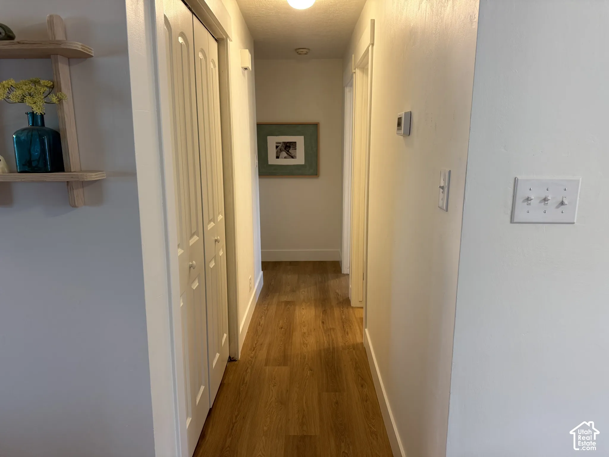 Hallway featuring wood-finish flooring, double-door closet cabinetry, and crisp white trim