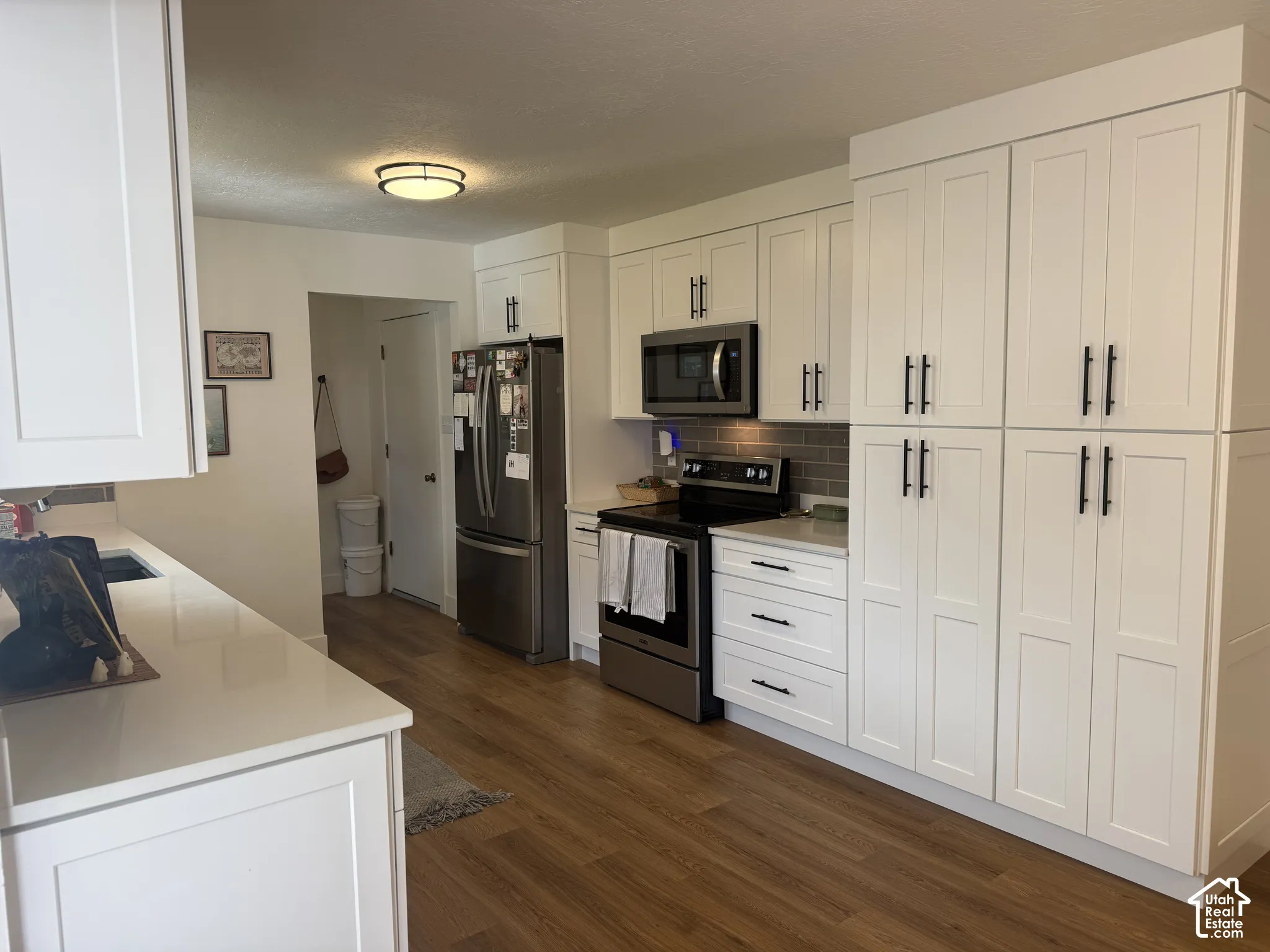 Kitchen featuring white shaker-style cabinetry, floor-to-ceiling pantry storage, light-toned stone countertops, stainless steel appliances, and wood-finish flooring