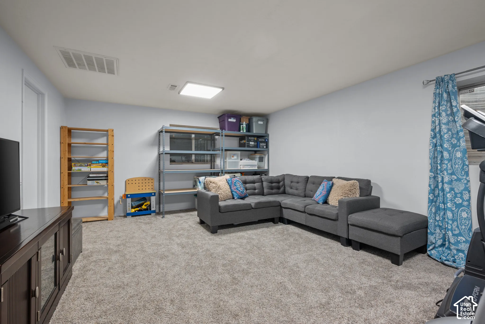 Neutral-toned carpet flooring, smooth wall finishes, and a flush-mount overhead light fixture