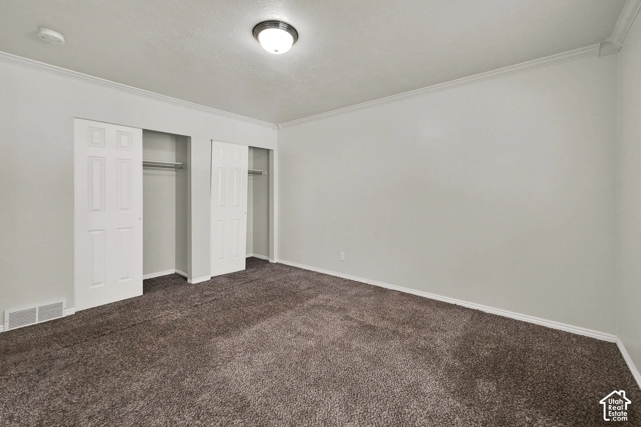 Neutral-toned interior featuring plush carpeting, crown molding, dual reach-in closets with panel doors, and a flush-mount ceiling light fixture