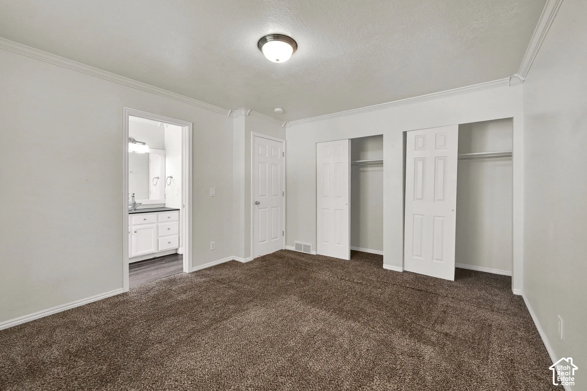 Interior space featuring neutral wall tones, crown molding, plush wall-to-wall carpeting, dual closets with six-panel doors, and a flush-mount ceiling light fixture