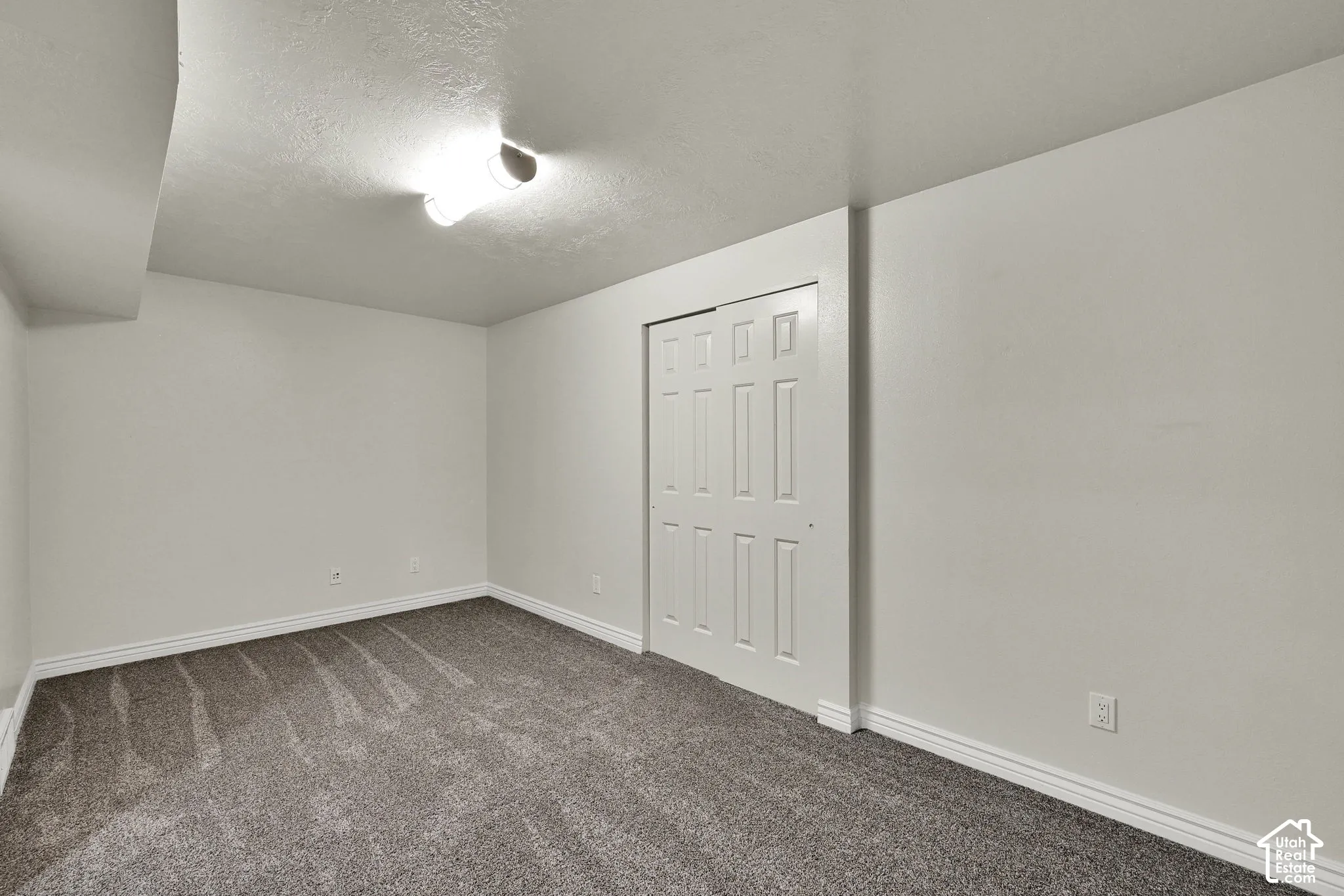 Room featuring neutral-toned carpeting, smooth-finish walls, and a closet with double-panel doors