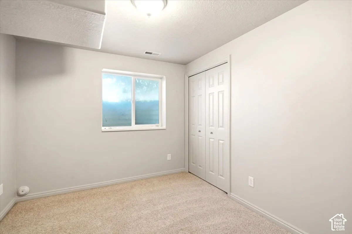 Neutral-toned interior room featuring wall-to-wall carpeting, a sliding-panel closet, and a single-pane window