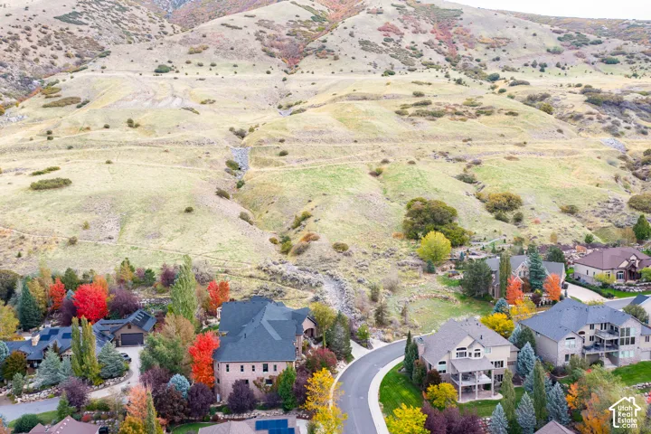 Aerial perspective showcasing a residential setting nestled against expansive mountain terrain, featuring multi-story dwellings, paved roadways, and mature foliage