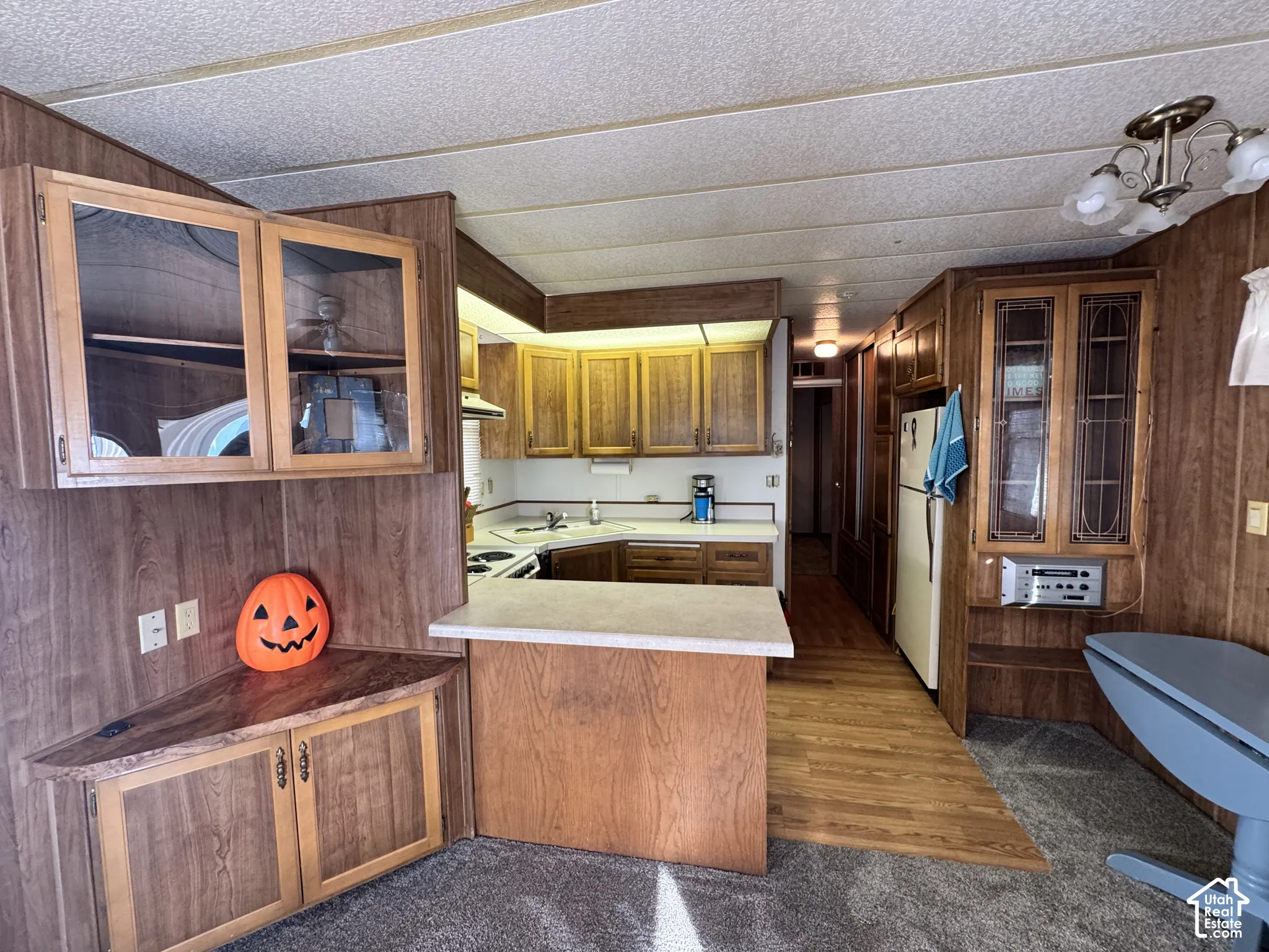 Kitchen featuring wood cabinetry, integrated glass-front display storage, a peninsula with a solid-surface countertop, and wood-finish flooring