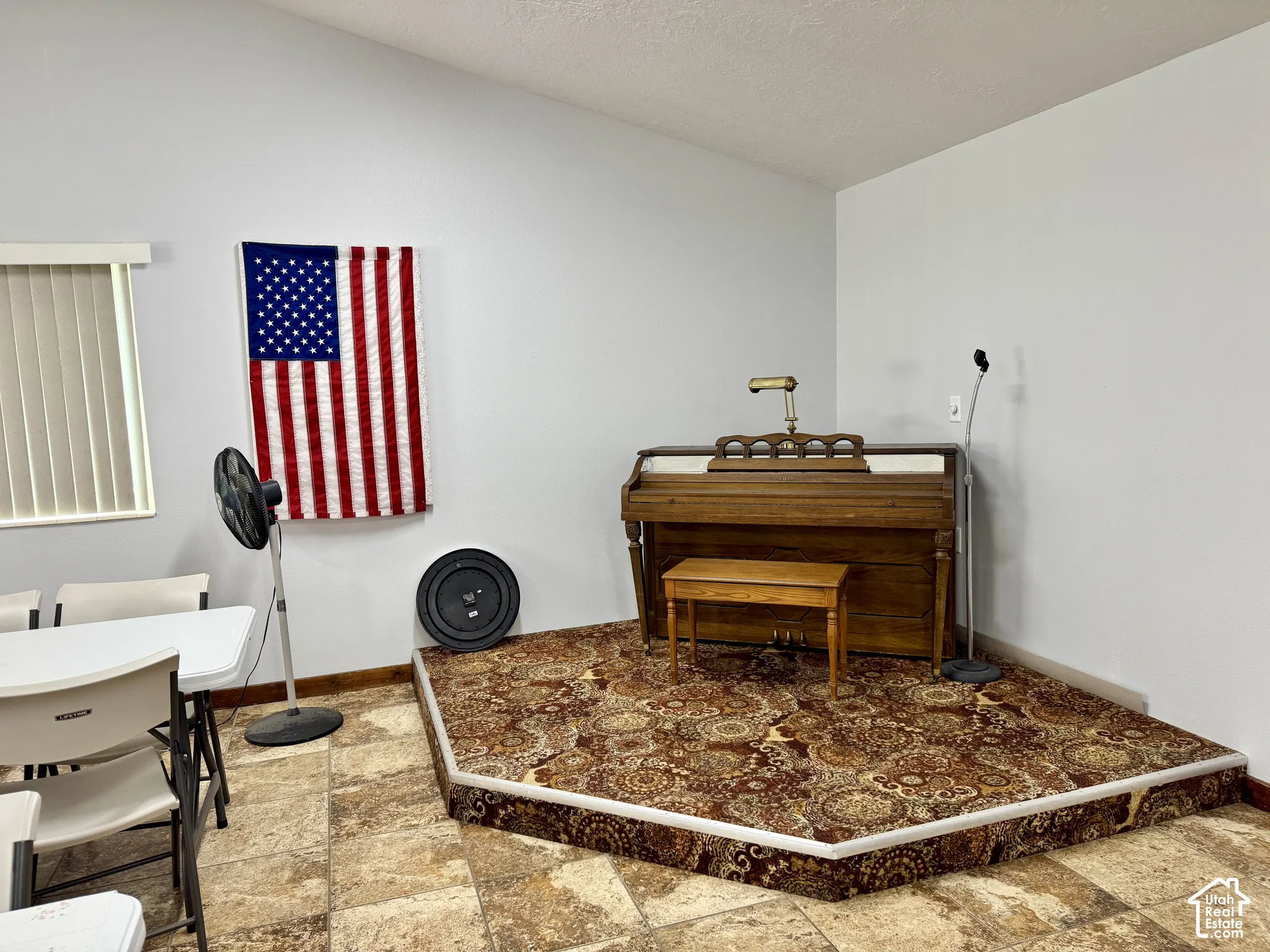 Raised hexagonal platform featuring patterned carpet and stone-tile flooring