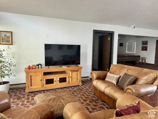 Living area featuring patterned wall-to-wall carpeting and black door trim