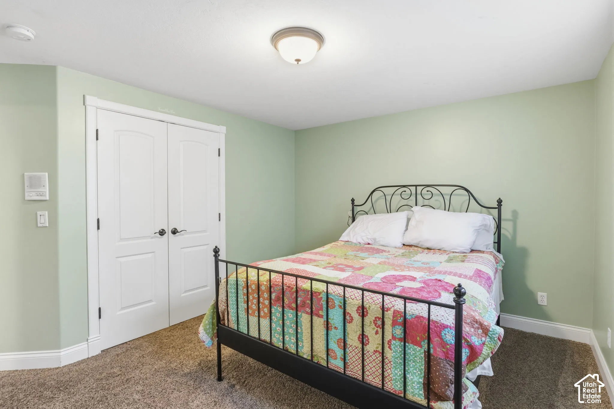 Room featuring neutral-toned carpeting, light green wall finishes, a double-door closet with paneled detailing, and a central dome-style ceiling light fixture