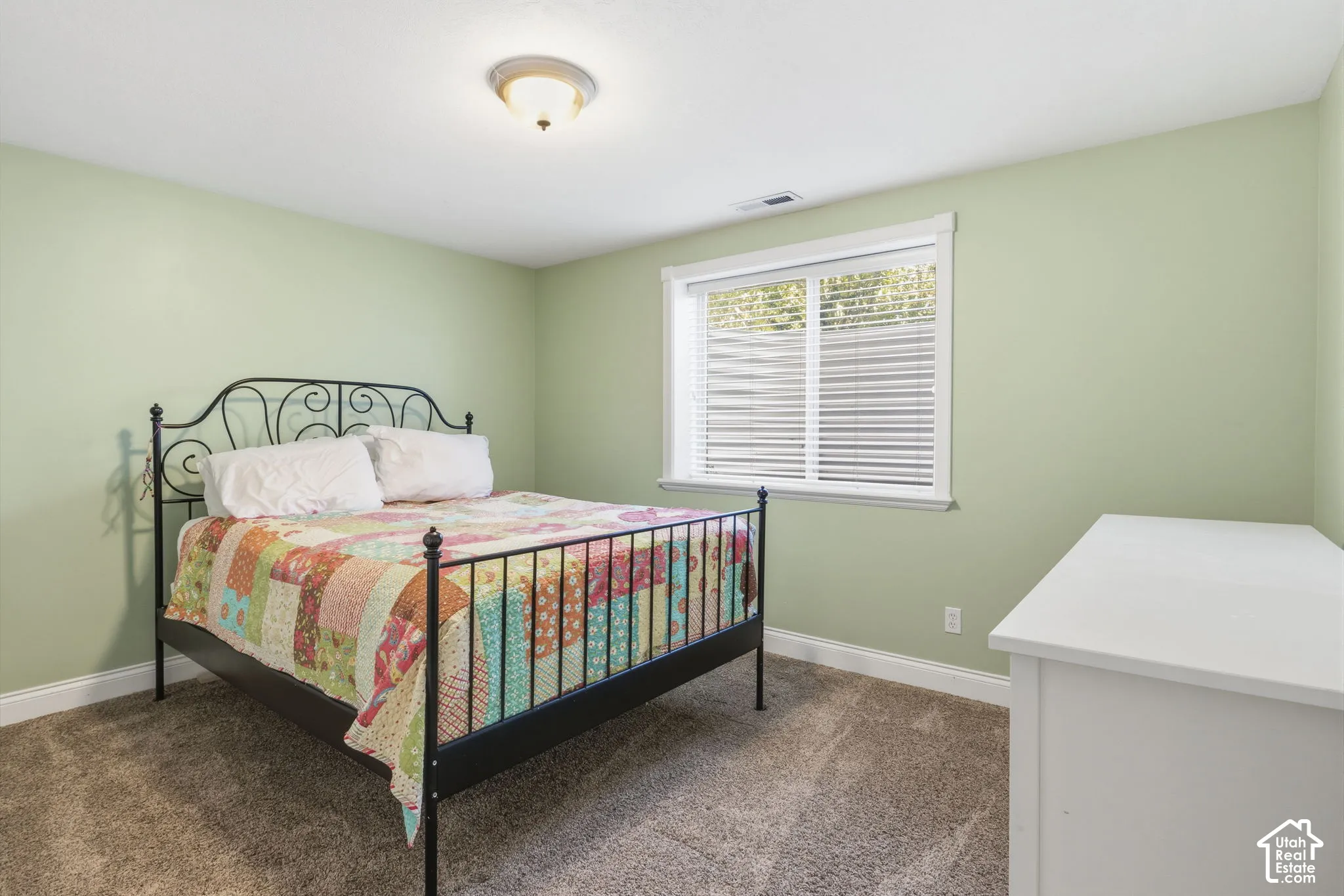 Room featuring wall-to-wall carpeting, a large sliding window with white trim, and a centered dome ceiling light fixture