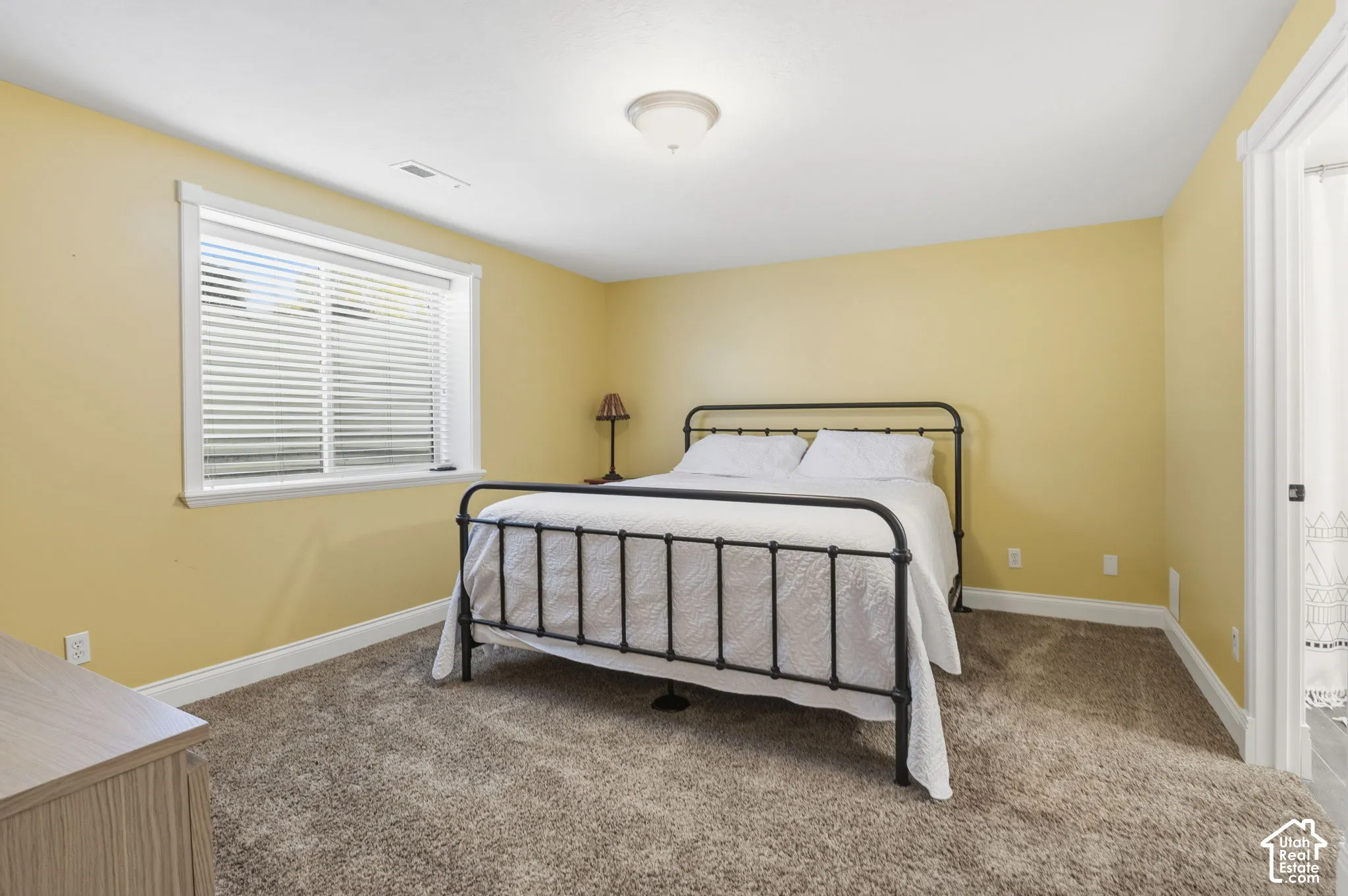 Room featuring neutral-toned carpeting, a window with horizontal blinds, and a flush-mount ceiling light fixture