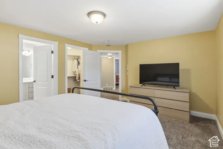 Neutral interior with carpeted flooring, two-panel interior doors, built-in closet shelving, and a flush-mount ceiling light fixture