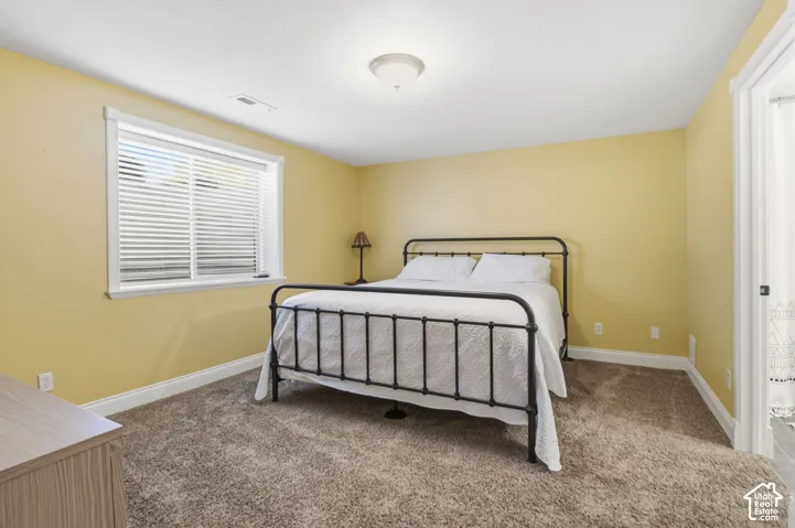 Room featuring neutral-toned carpeting, a window with horizontal blinds, and a flush-mount ceiling light fixture