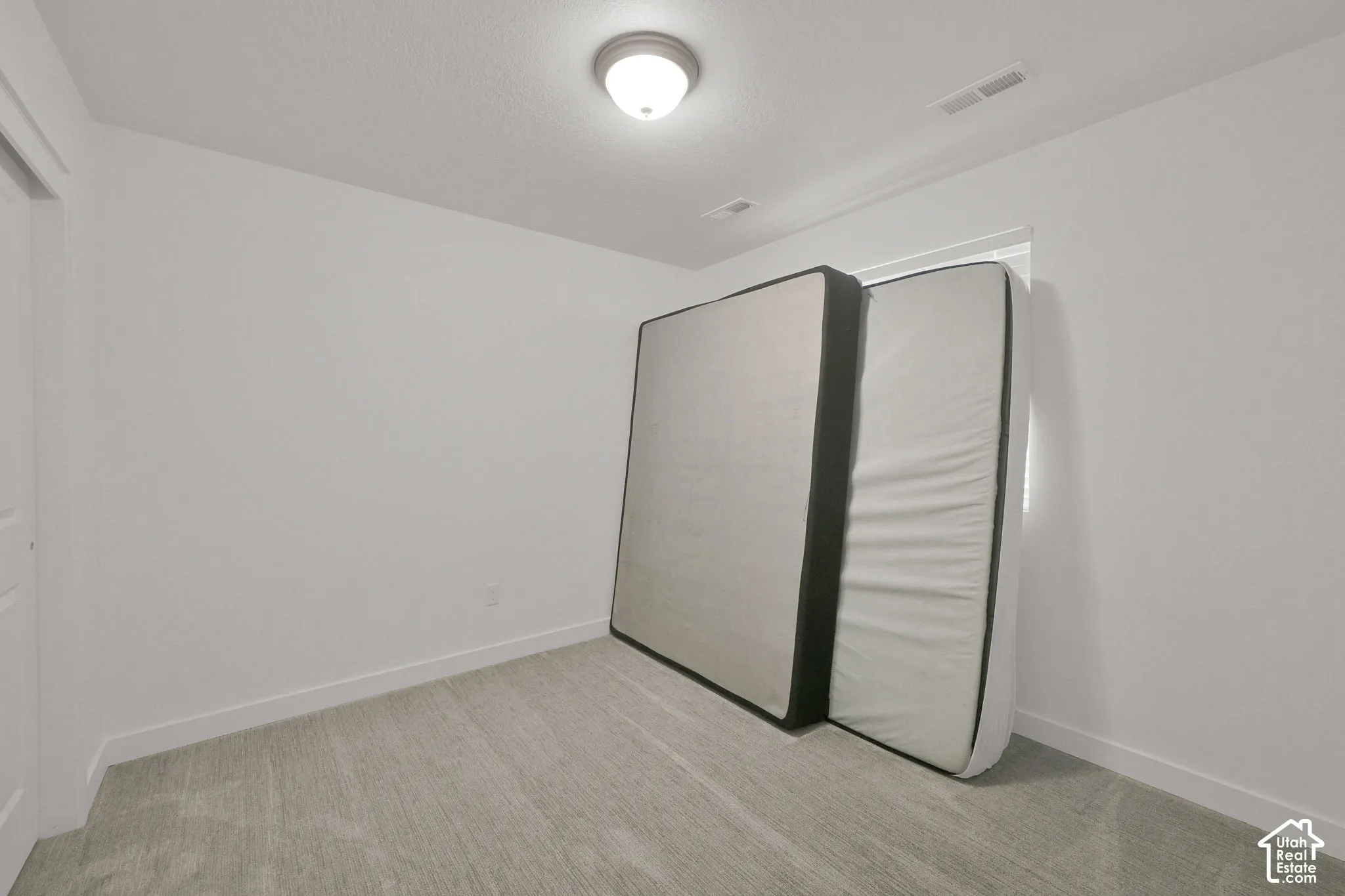 Neutral-toned carpeting, crisp white walls, and a recessed ceiling light fixture