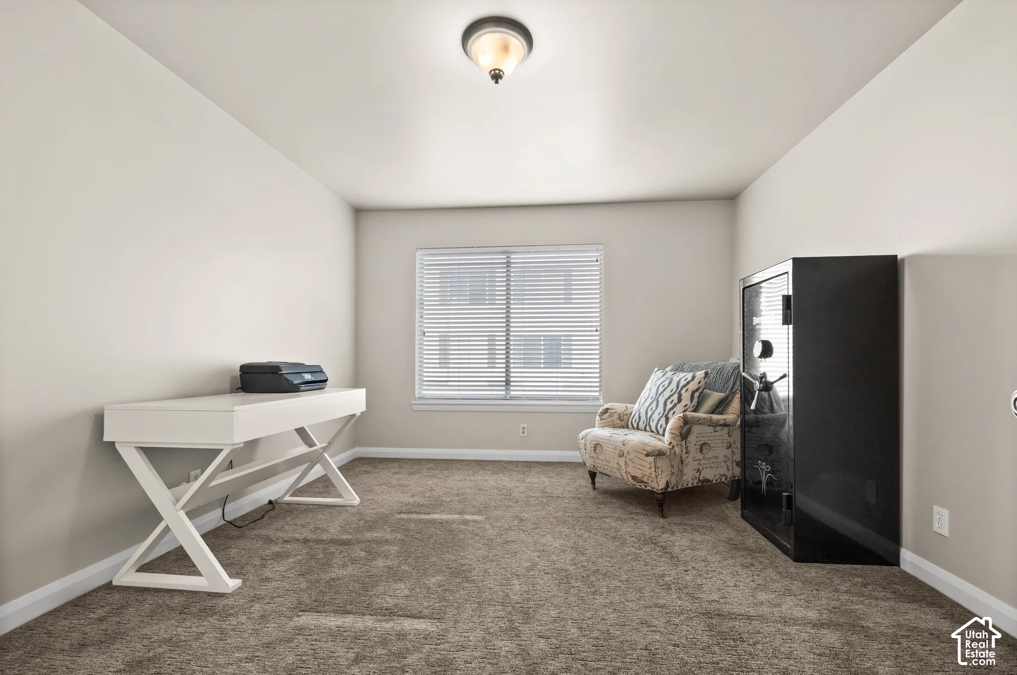 Neutral-toned interior room featuring wall-to-wall carpeting, a center-mount flush lighting fixture, and a single window with installed horizontal blinds
