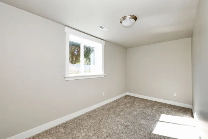 Neutral-toned interior space featuring wall-to-wall carpeting, a single-pane sliding window with white trim, and a flush-mount dome light fixture