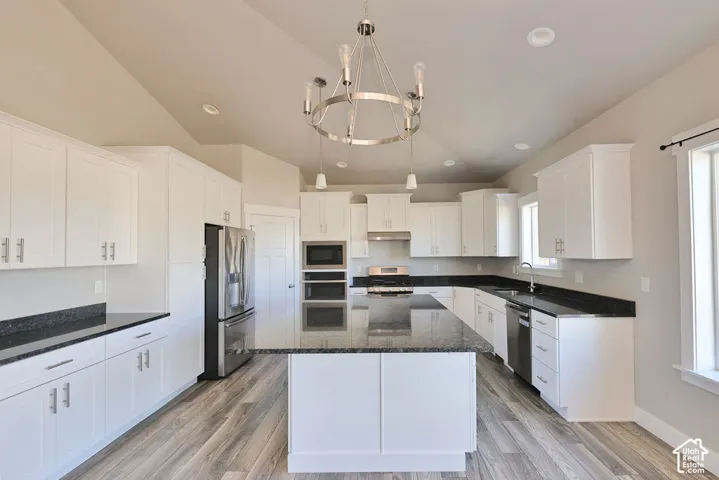 Kitchen featuring a large central island, white cabinetry, dark stone-finish countertops, stainless steel appliances, and wood-finish flooring