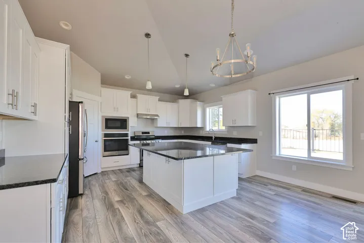 Kitchen featuring white cabinetry, dark stone countertops, wood-finish flooring, a central island, and stainless steel built-in appliances