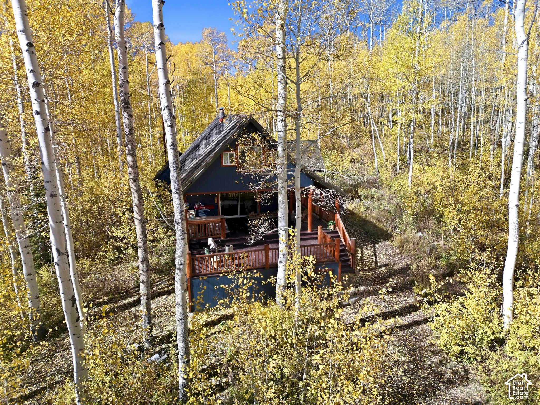 Multi-level cabin exterior featuring a sprawling wood deck with integrated railings, a gabled roofline, and a wooded setting surrounded by aspen trees