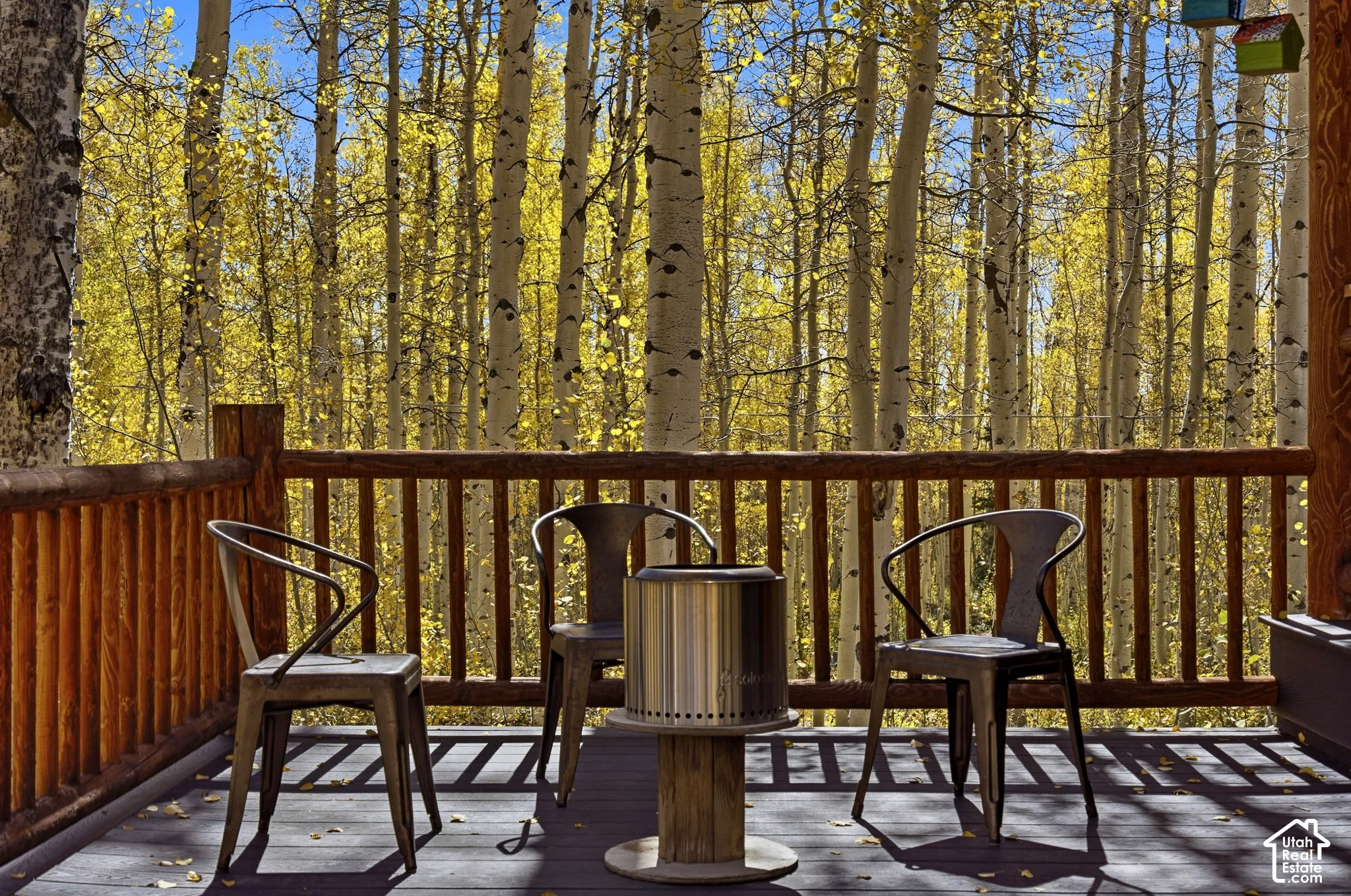 Covered deck featuring timber railing and dark-stained decking, set against a backdrop of mature aspen trees