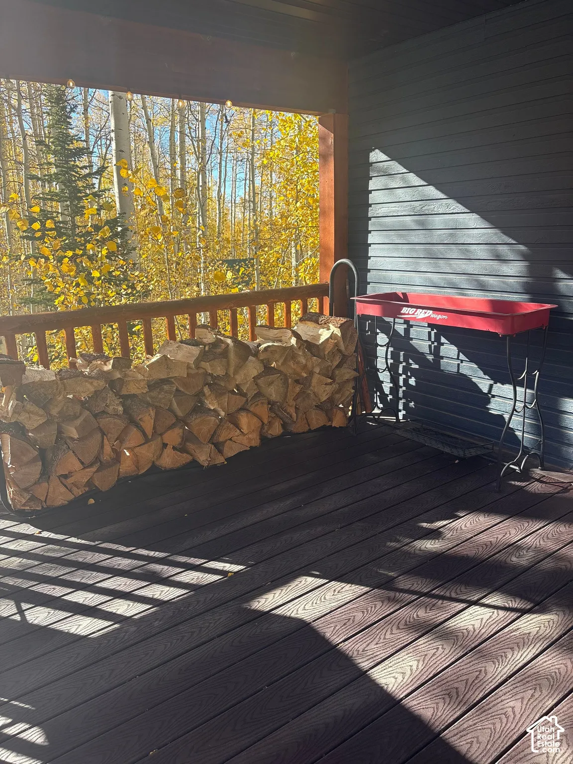 Covered deck featuring dark composite decking, horizontal wood-panel siding, and a wooden balustrade overlooking a grove of mature trees