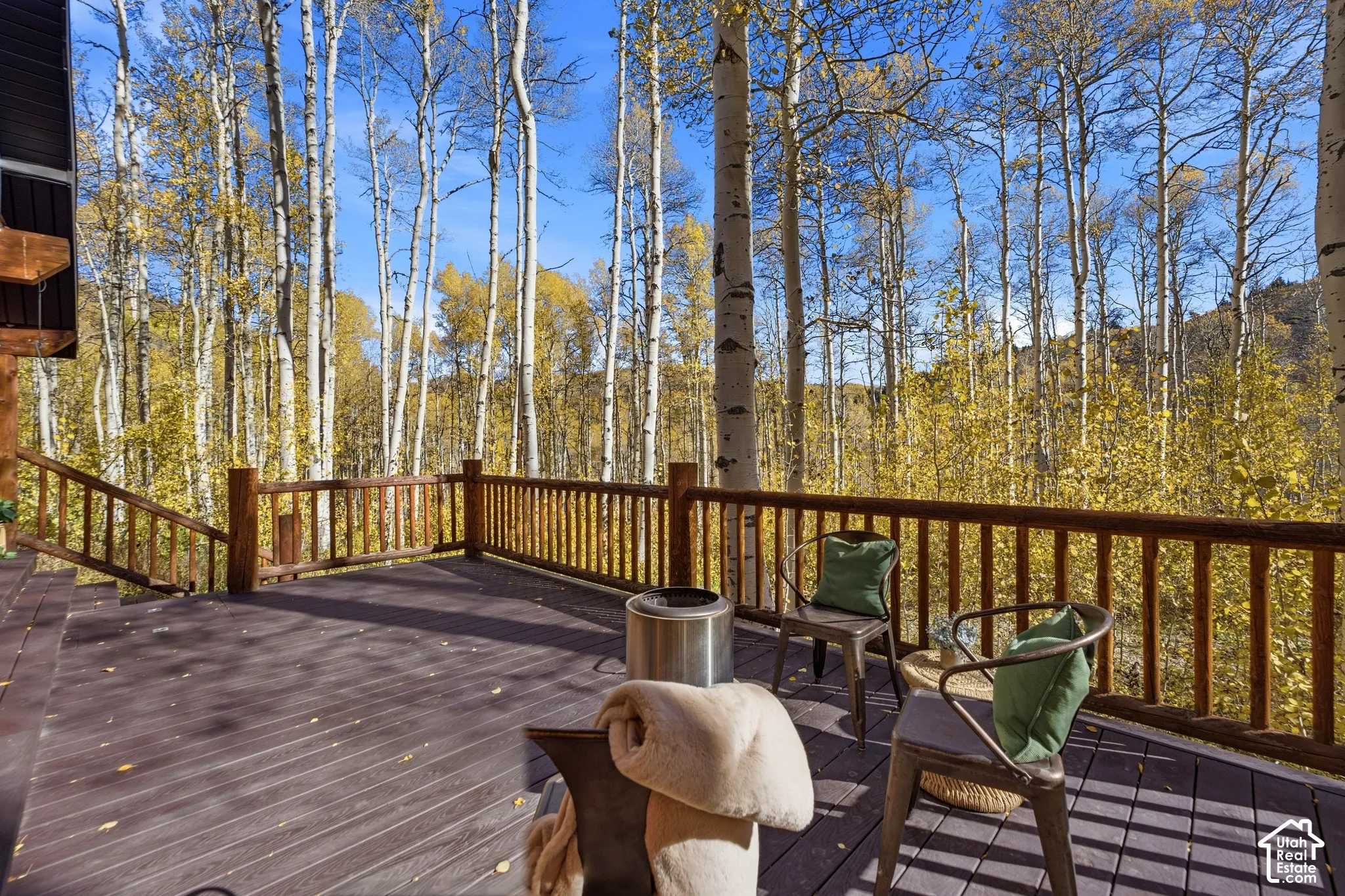 Spacious wood-plank deck featuring a natural wood railing and an backdrop of mature aspen trees