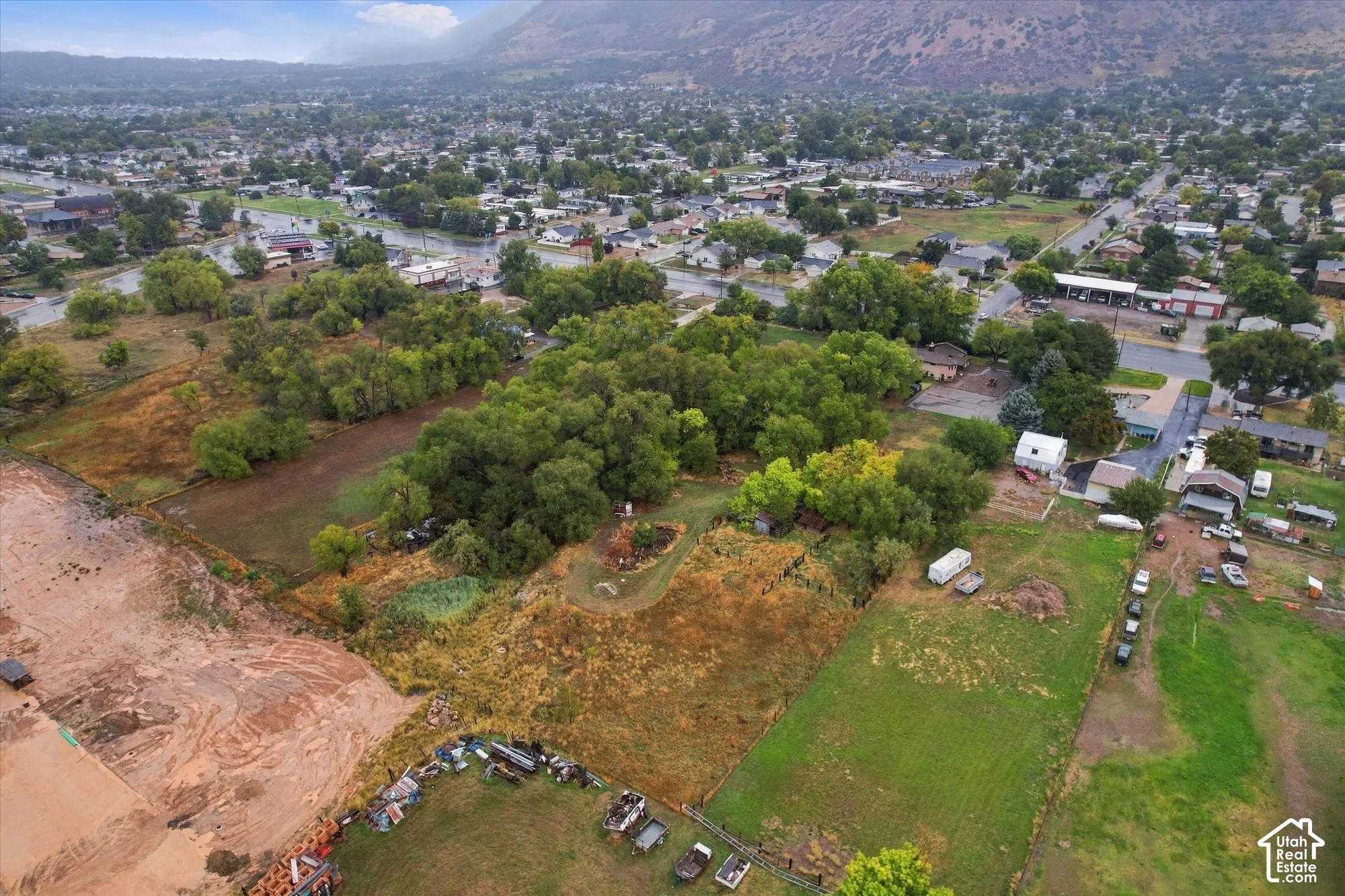Aerial perspective featuring expansive acreage, mature tree clusters, and a prominent mountain backdrop