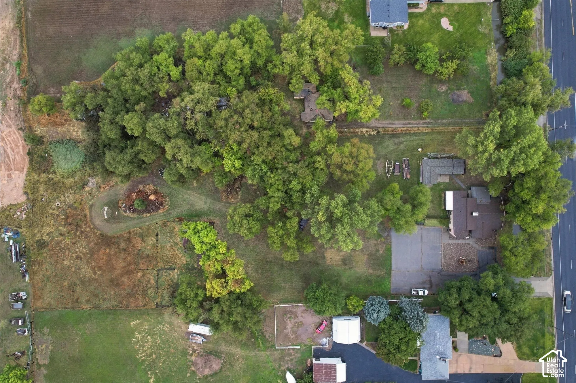 Aerial view of the expansive lot featuring mature tree canopy, asphalt driveway, and paved parking area