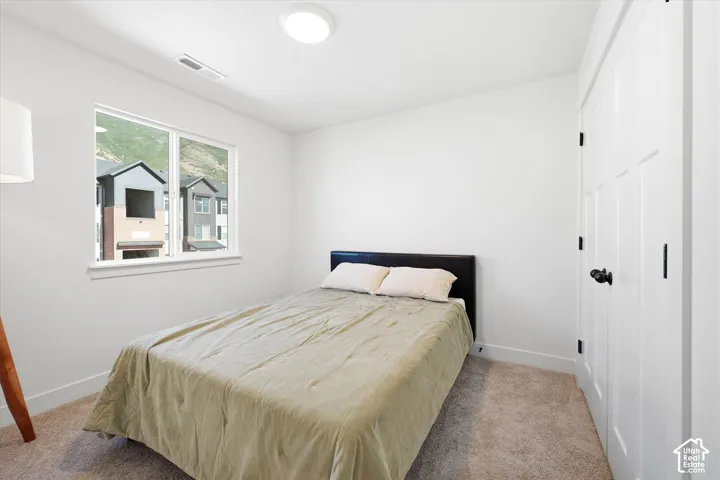 Neutral-toned carpeted flooring, white walls, dual-panel closet doors with matte black hardware, and a single-hung window