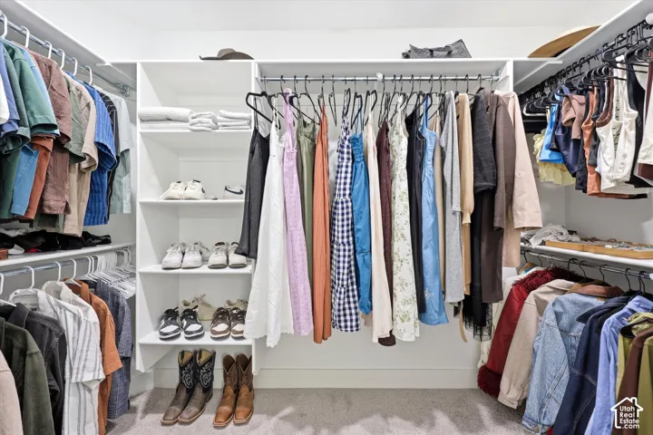 Walk-in closet featuring white built-in shelving, multi-level hanging rods, and neutral carpeting