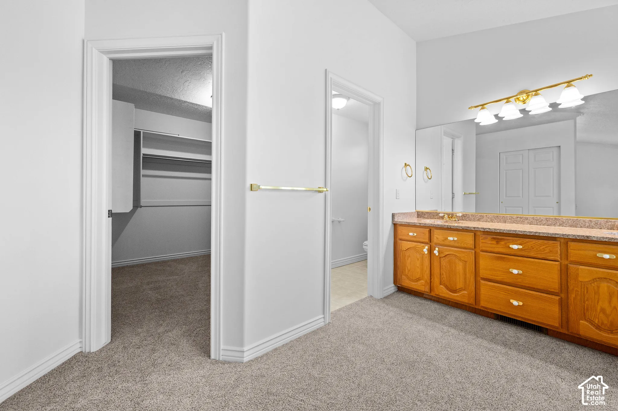 Primary bathroom looking into a walk-in closet