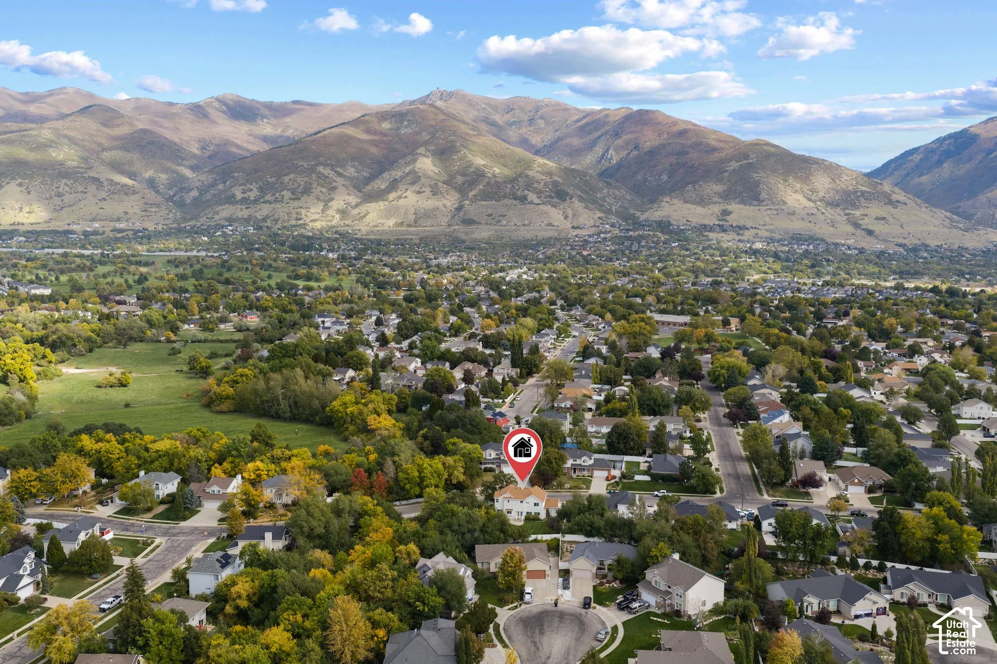 Aerial view looking East featuring mature trees, and mountain backdrop