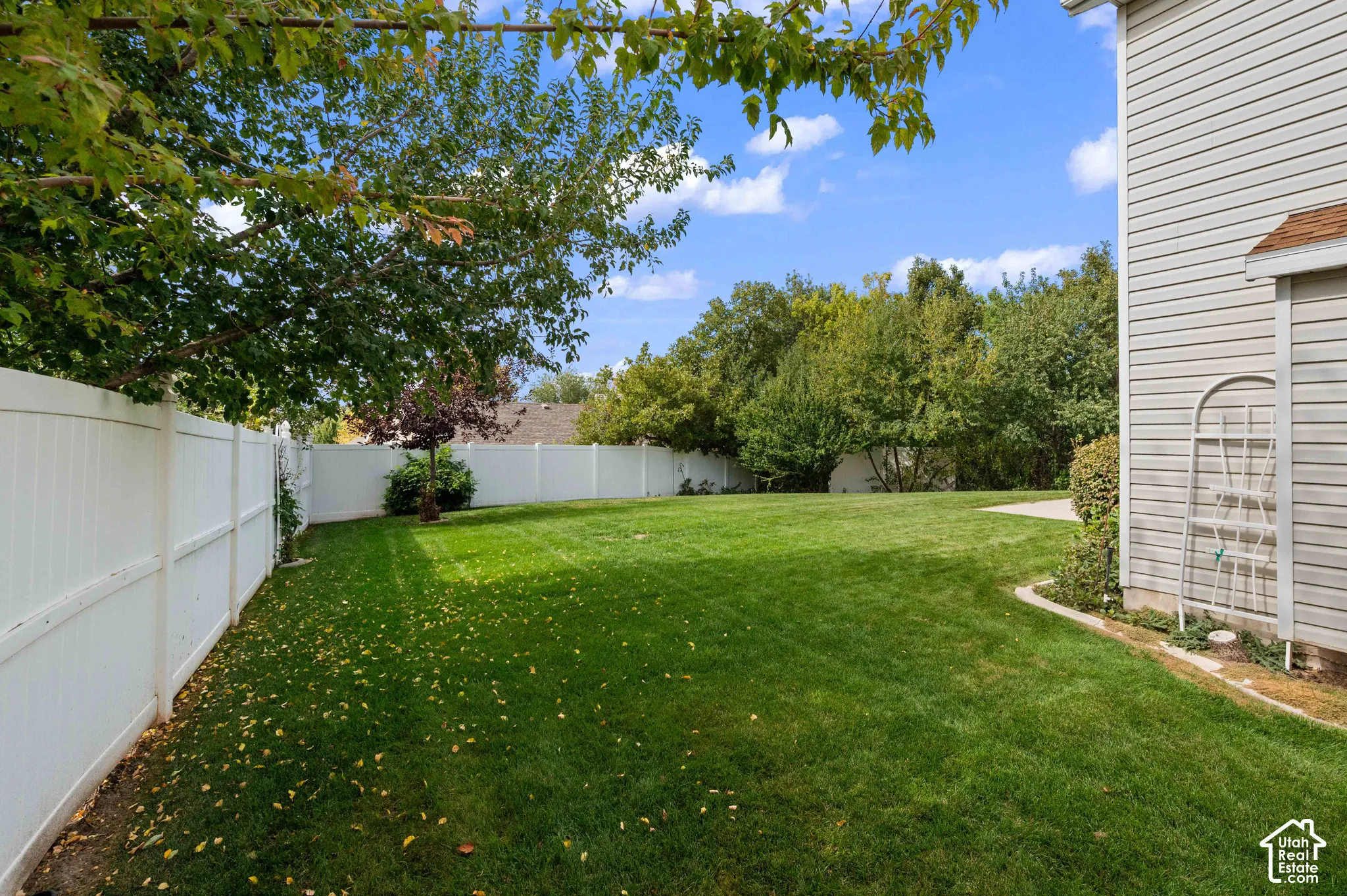 Spacious side yard featuring a manicured lawn, white vinyl fencing, and mature trees