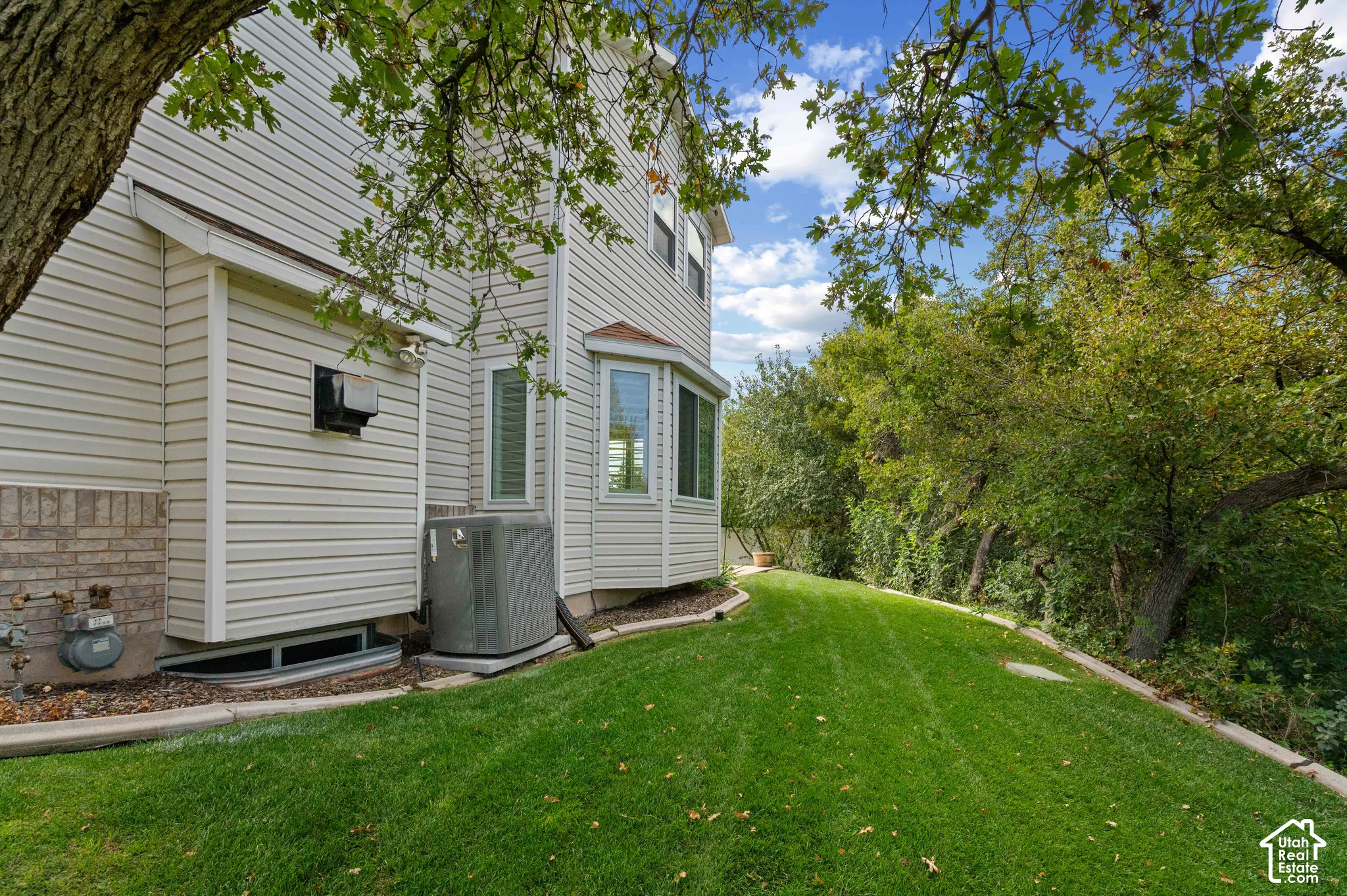 Exterior side yard featuring a manicured lawn framed by mature trees