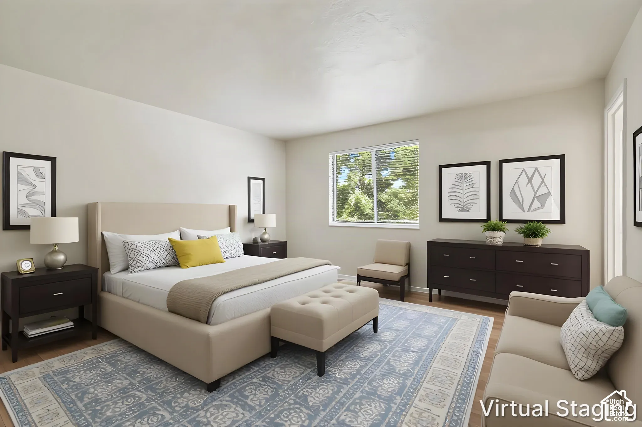 Neutral wall paint, wood-finish flooring, and horizontal window