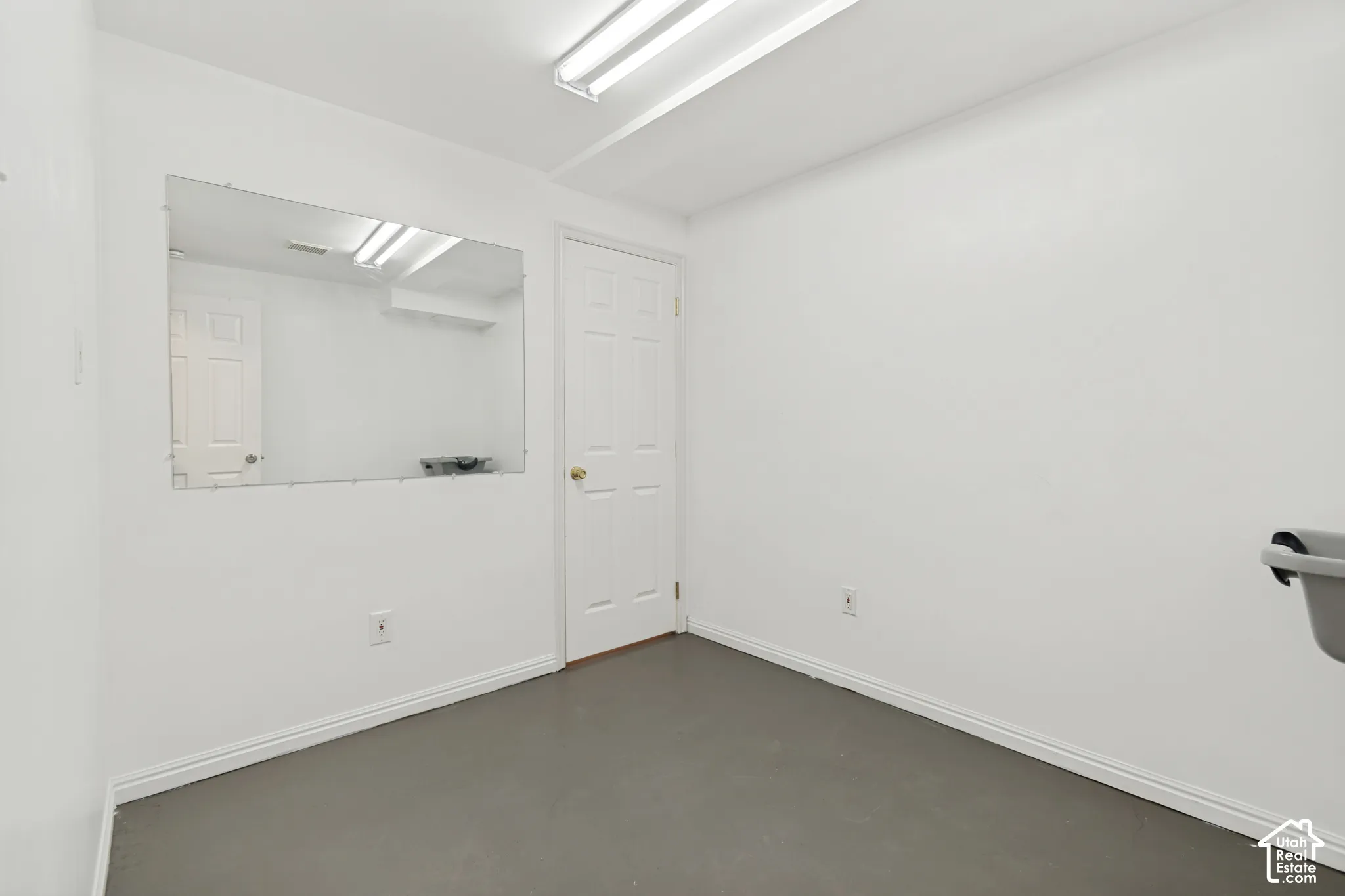 Neutral-toned room featuring a six-panel interior door, wall-mounted rectangular mirror, and overhead fluorescent lighting