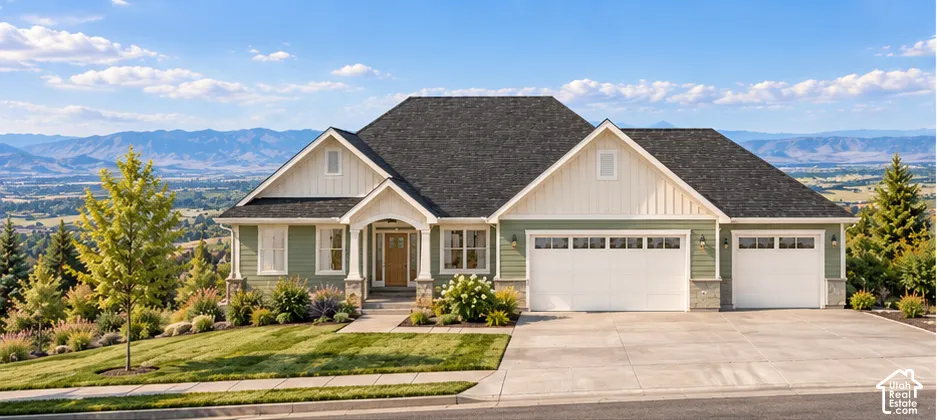 Rendering with another color palette! Exterior featuring green lap siding, board-and-batten gables, stone accents, a three-car garage, and mountain backdrop