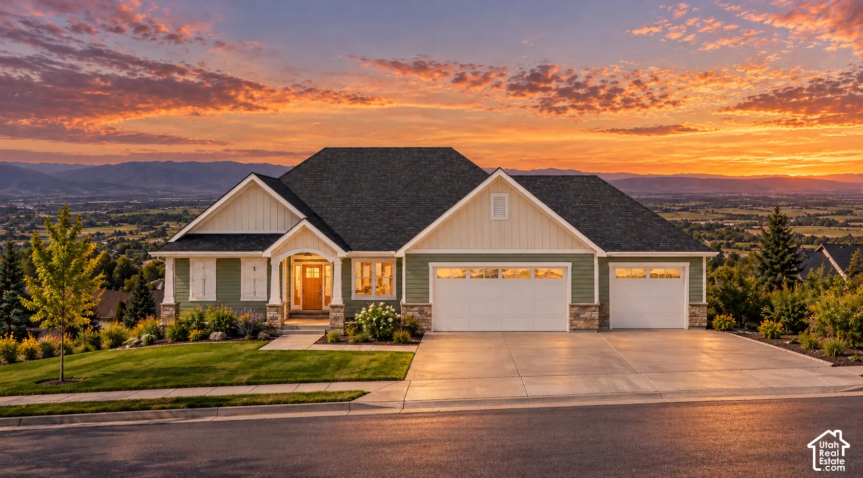 Rendering! Single-story residence featuring composite shingle roofing, horizontal siding with vertical board-and-batten accents, stone masonry veneer, a three-car garage, and mountain-range backdrop