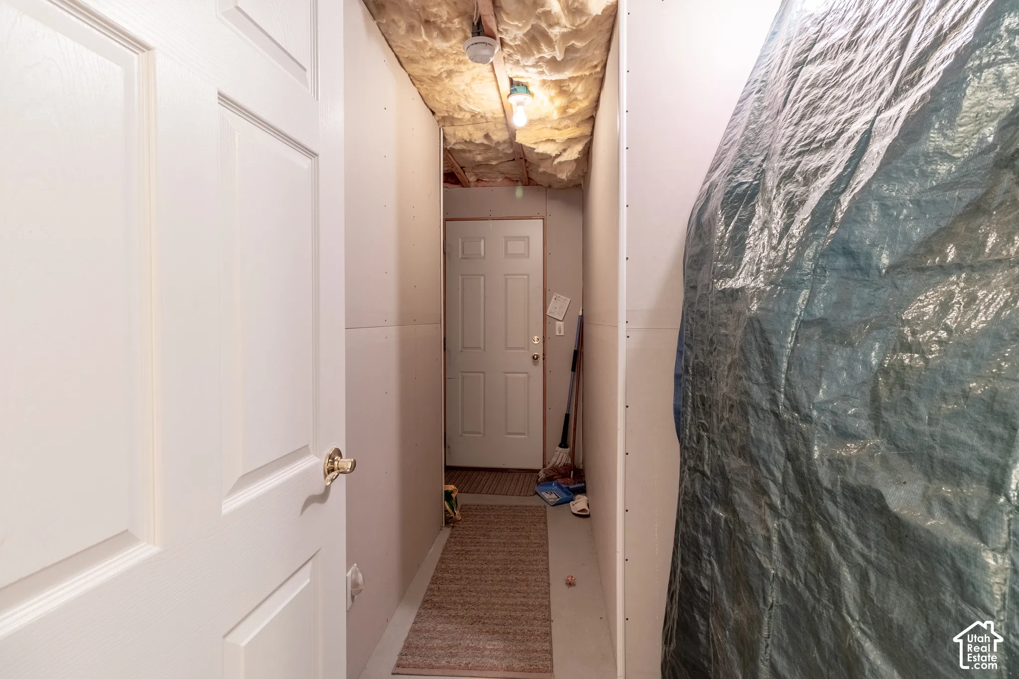 Utility area featuring unfinished insulation, drywall panels, and an exterior-grade door