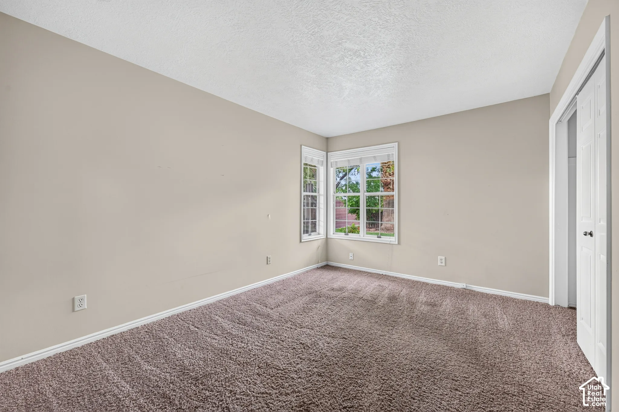 Neutral-toned interior space featuring plush carpeting, corner window configuration with multi-pane windows, and a multi-panel door